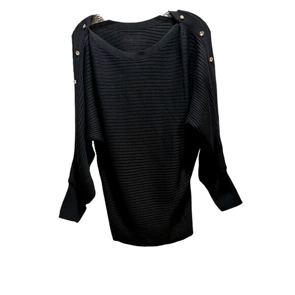 Skinnygirl Jeans Luna Boat Neck Ribbed Knit Sweater Black Button Shoulder Small - Picture 2 of 8